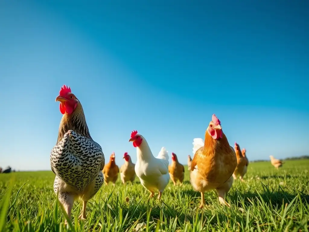 Image of hens freely roaming in a green pasture, emphasizing their free-range lifestyle and natural environment.