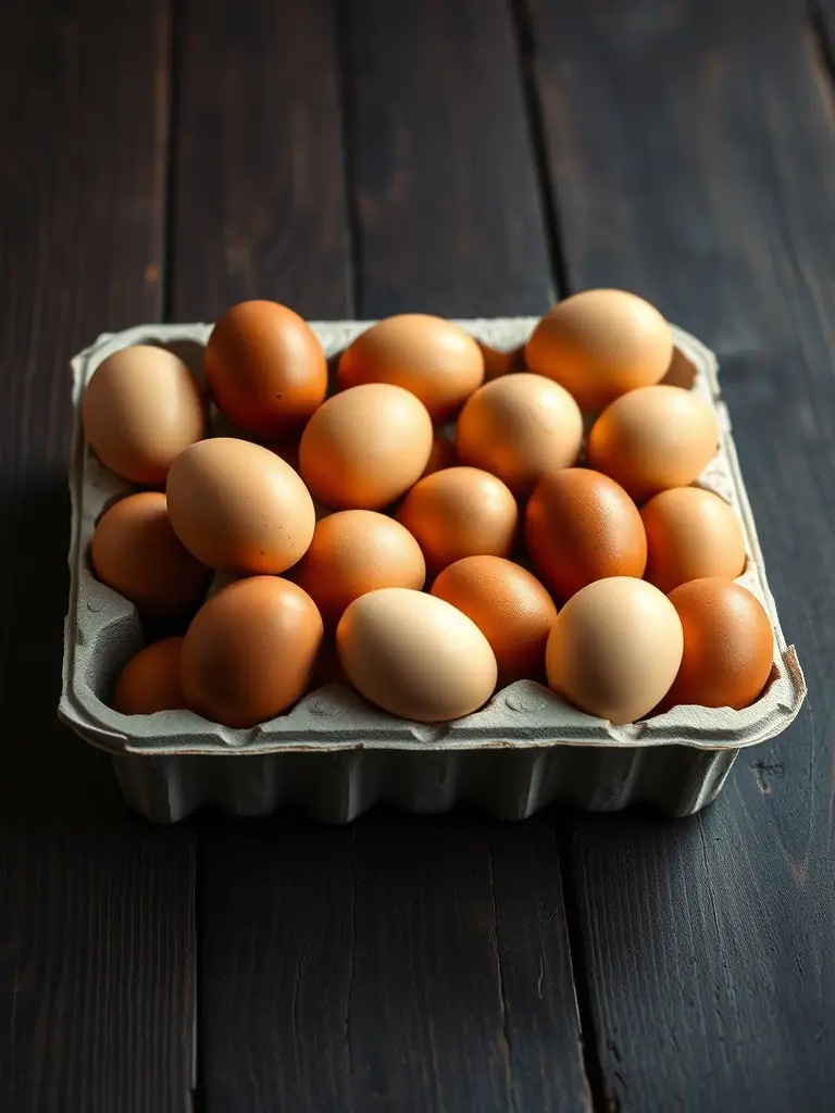 A carton of OrganicEggsFarm eggs, clearly labeled and placed on a rustic wooden table, with a sprig of fresh herbs nearby, highlighting the product's branding and natural appeal.