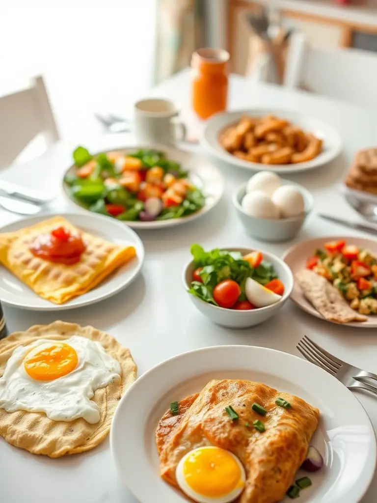 Image showcasing a breakfast scene with OrganicEggsFarm eggs being used in various dishes like omelets and scrambled eggs, emphasizing the versatility and deliciousness of the product.