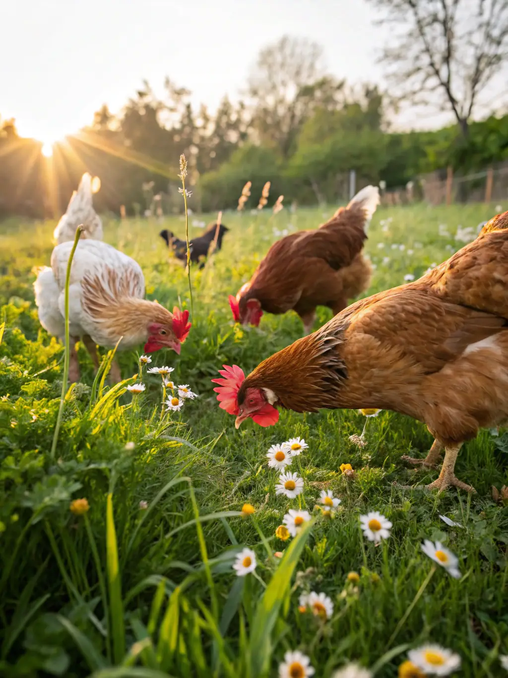 Image of hens freely roaming in a green pasture, pecking at the ground, with a clear blue sky in the background, illustrating the free-range environment at OrganicEggsFarm.