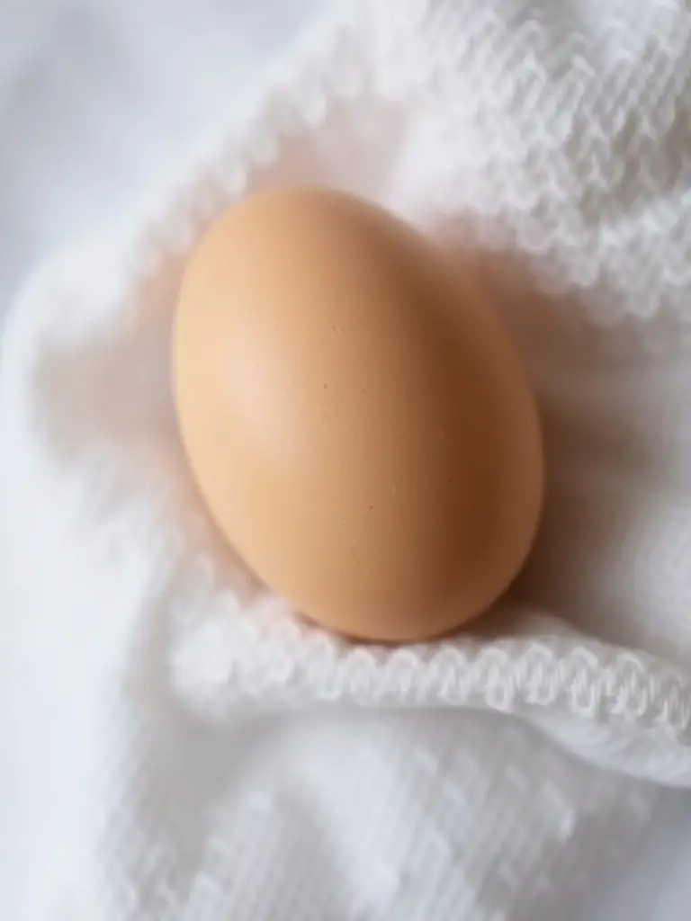 Close-up shot of a freshly laid organic egg in a nest, surrounded by straw, showcasing its natural texture and color, emphasizing the care taken in collecting the eggs at OrganicEggsFarm.